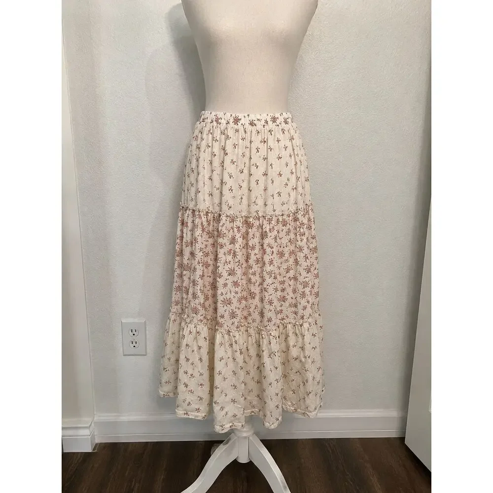 Cream Floral Tiered Maxi Skirt XS Cottagecore Prairie Coquette Y2K Ditsy Boho